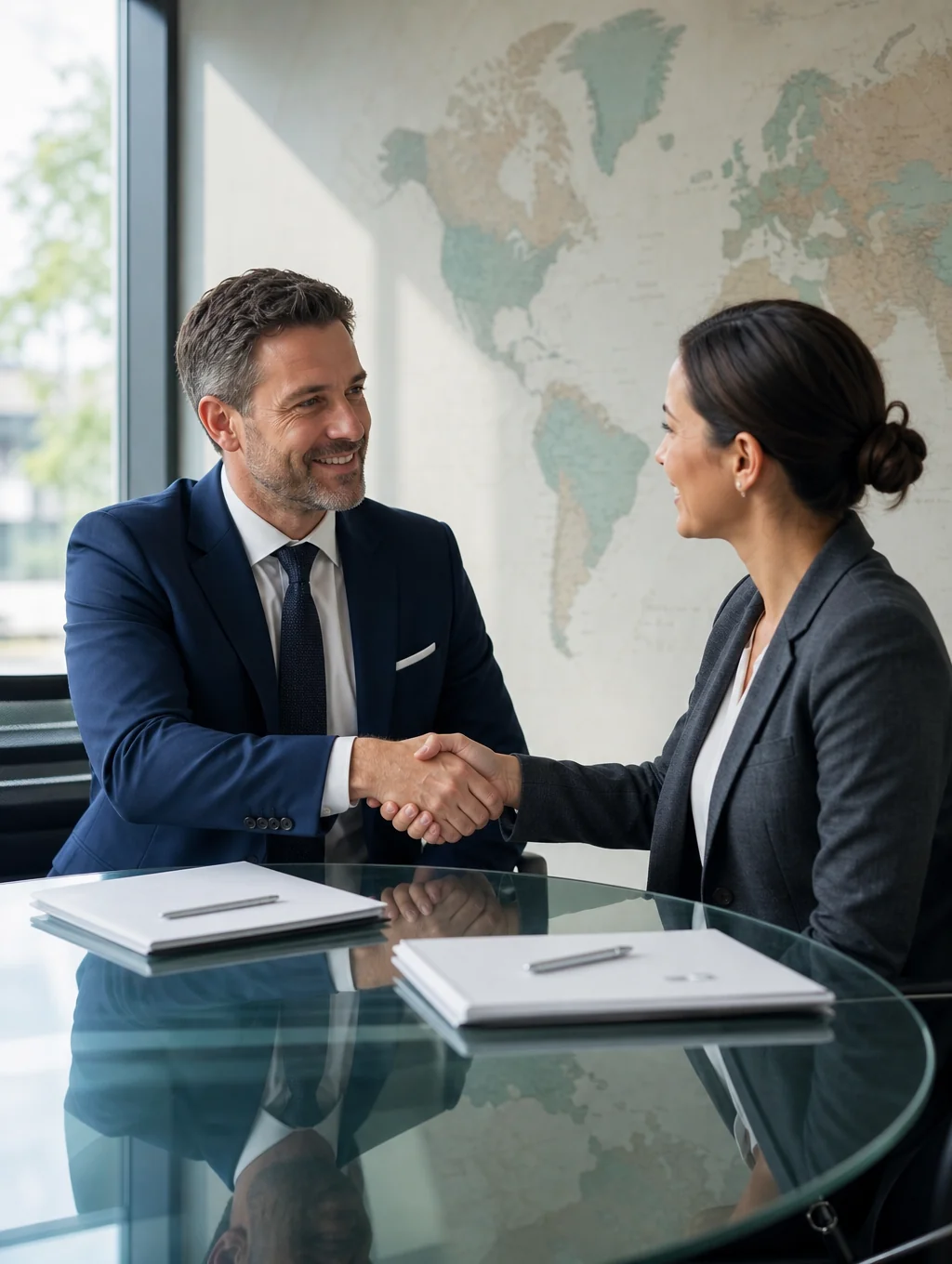 Business partners shaking hands in a professional office setting