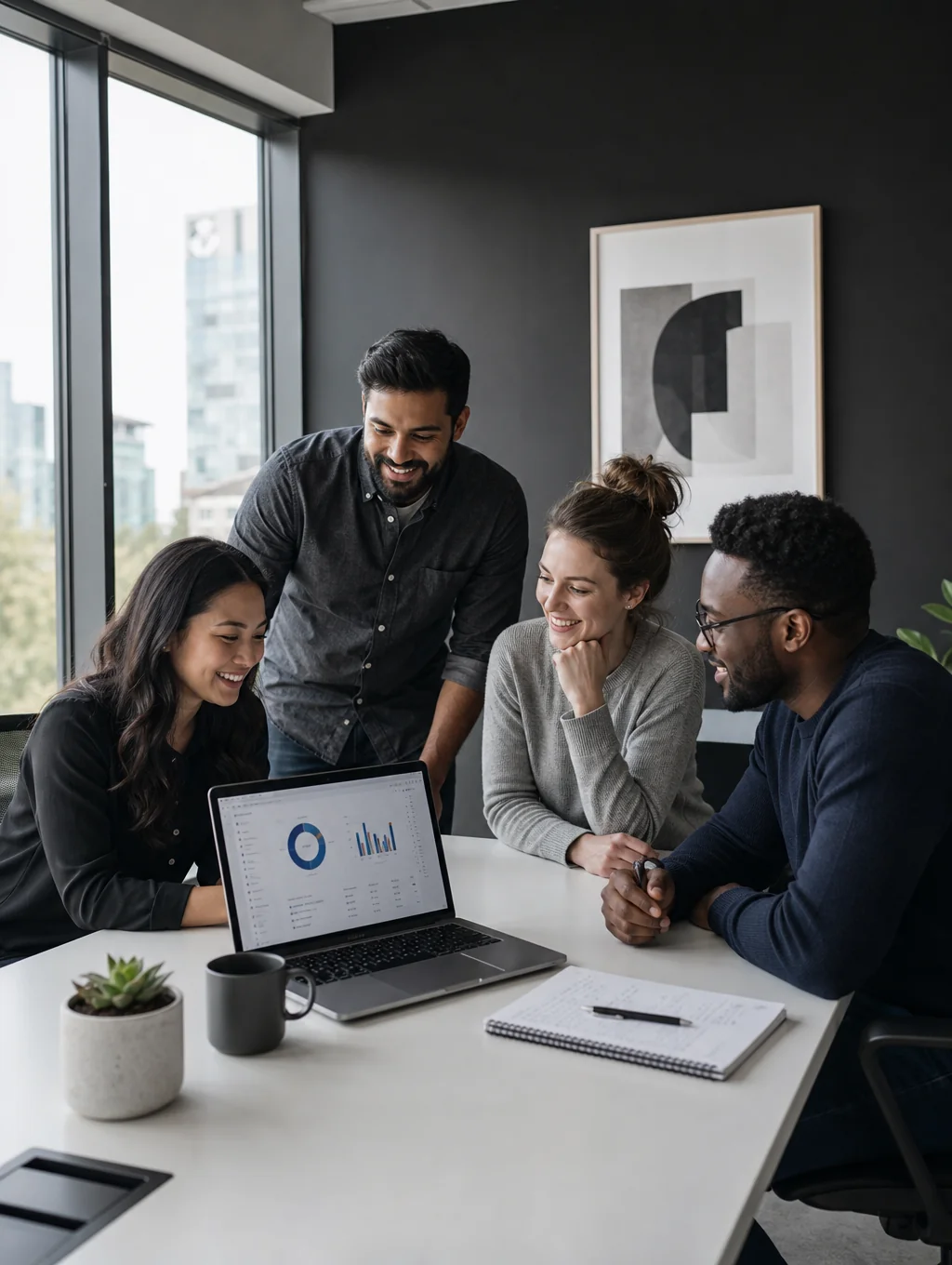 A professional team collaborating in a modern, sunlit office space