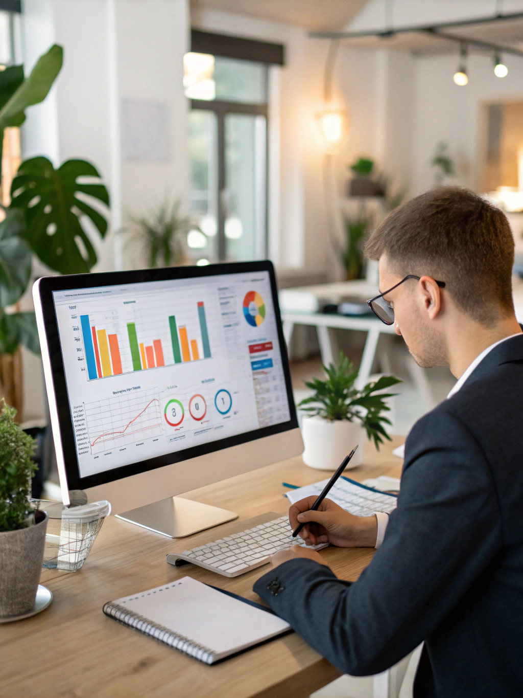 Data analyst reviewing market research charts on a screen