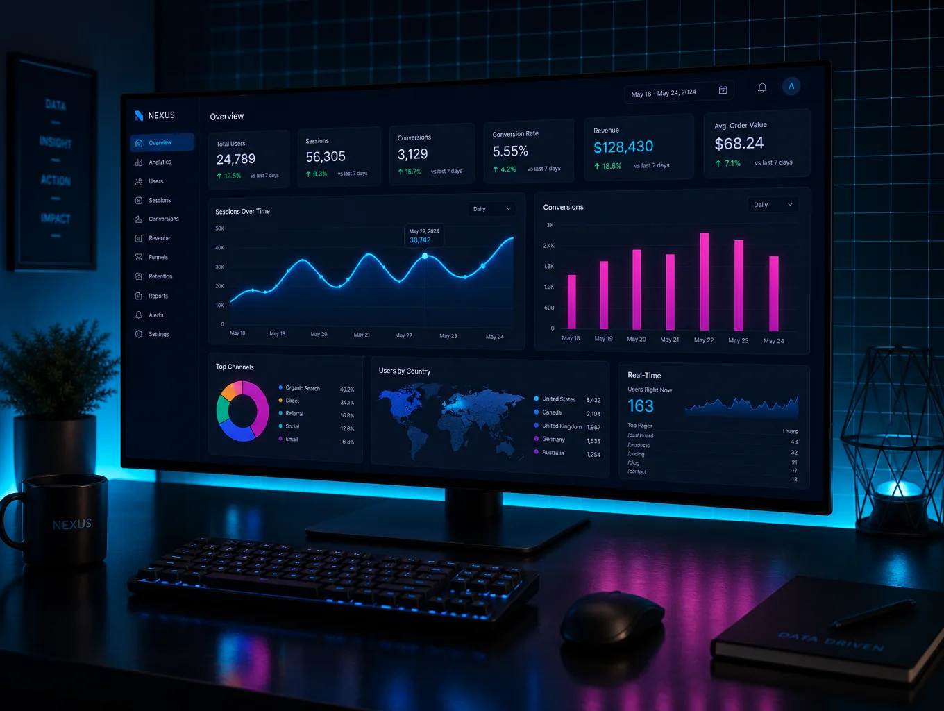 Performance metrics UI showing service delivery data with gold gradient line